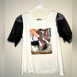 White Top with Black Lace Sleeves